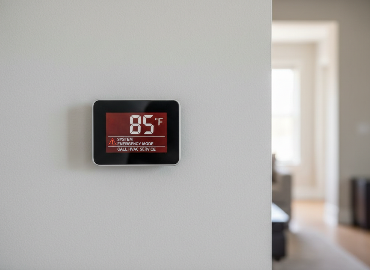 A detailed, photographic realism image of a smart digital thermostat mounted on a smooth, light-gray interior wall, its crisp LED display showing an alert temperature and a prominent indicator that the system is in emergency mode. Below the thermostat, the wall is immaculate, with a subtle matte texture. Soft, natural daylight from an unseen window to the right casts gentle side lighting, adding depth and a slight shadow edge around the device. The background falls into a soft blur, suggesting a tidy, modern living space without showing furniture. Shot straight-on with a centered composition and shallow depth of field, the scene feels urgent yet controlled, underscoring the need for fast local HVAC response.