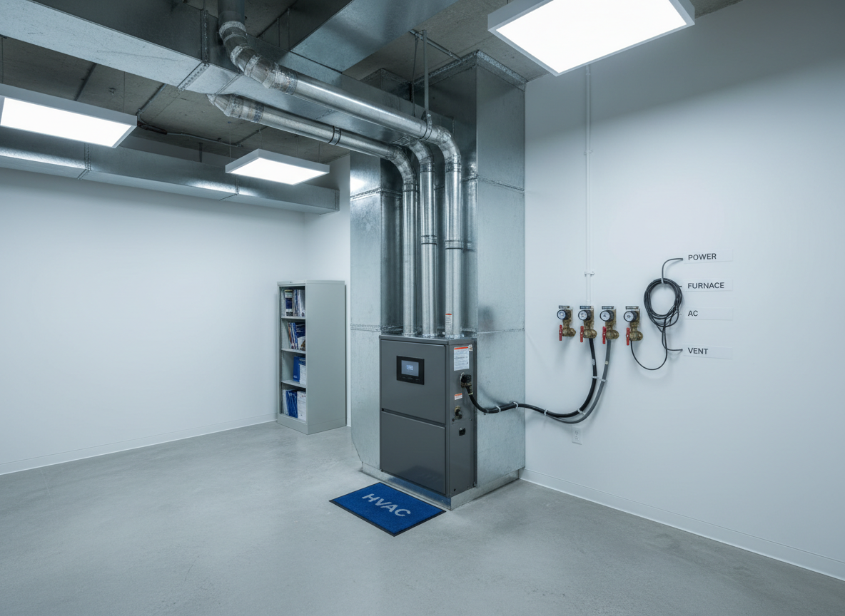 The interior of a modern utility room featuring a sleek, high-efficiency furnace and air handler system with clean ductwork extending overhead, all in pristine galvanized steel and matte gray finishes. The unit is mounted on a spotless concrete floor, with labeled shutoff valves and clearly organized wiring nearby. Cool, evenly diffused LED ceiling lights wash the space, eliminating harsh shadows and highlighting the orderliness of the installation. Photographic realism with a wide-angle, eye-level composition shows the full system while keeping the walls and surroundings minimal and uncluttered. The mood is professional, safe, and controlled, conveying that this is a space where problems are quickly diagnosed and resolved by experts in emergency HVAC repair.