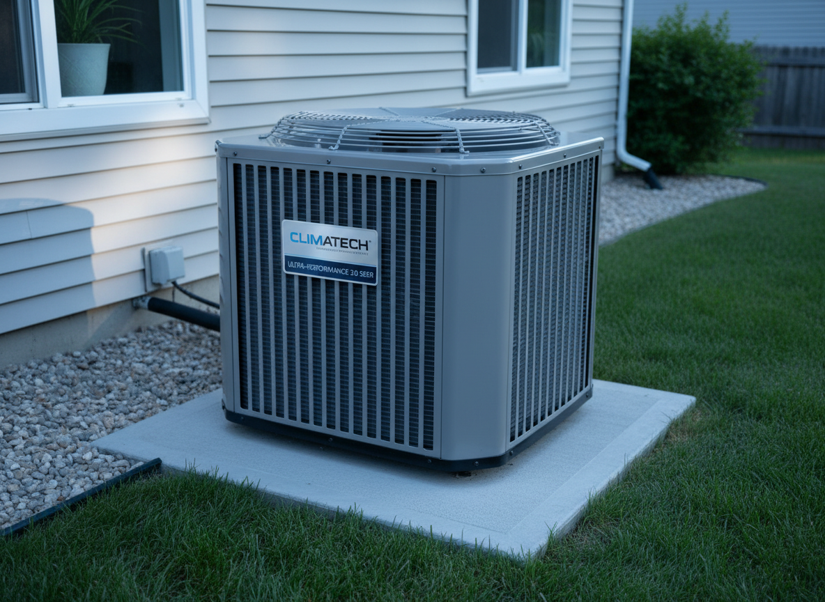 A close-up, photographic realism shot of a high-efficiency residential HVAC condenser unit with a clean, brushed-metal housing and crisp manufacturer label, positioned on a neatly poured concrete pad beside a well-maintained suburban home exterior. The grass around it is trimmed and a tidy gravel border frames the pad. Cool, bluish late-afternoon light illuminates the metal fins and fan grille, creating subtle reflections and soft shadows on the siding. The background is gently blurred to keep focus on the equipment. Captured at eye level with a slight three-quarter angle, the composition feels professional and reassuring, emphasizing reliability, modern equipment, and a calm, orderly environment suitable for an emergency repair service website.